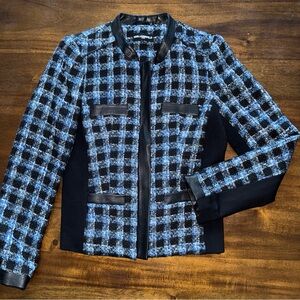 Karl Lagerfeld Womens Blue Black Plaid Tweed Zip Up Jacket with Leather Trim 4